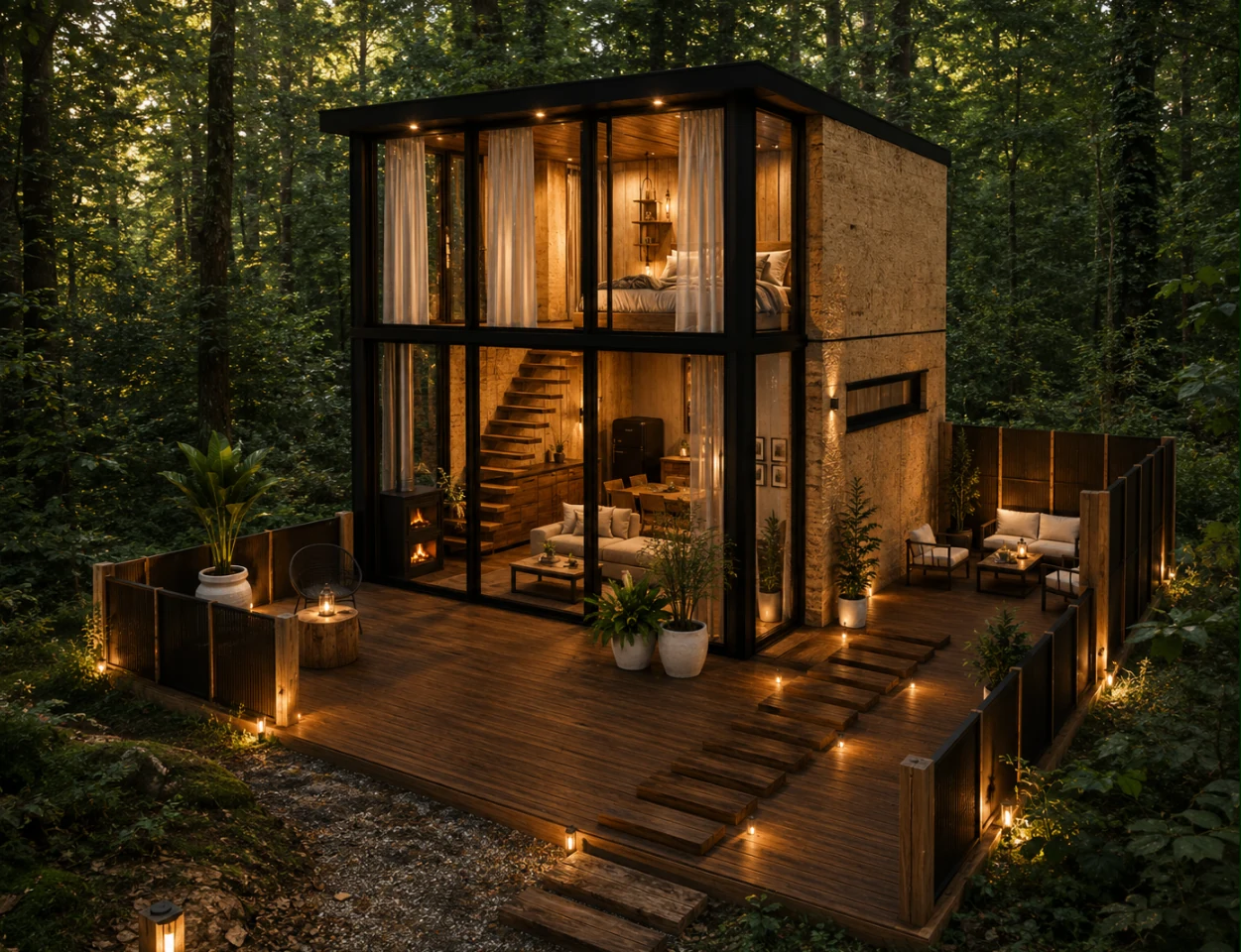 Cabane en bois éclairée au cœur d’une forêt